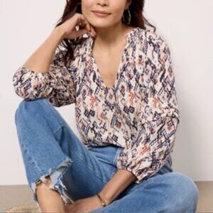 Evereve Ikat Print Peasant Blouse Multicolor Long Sleeve Top Size M